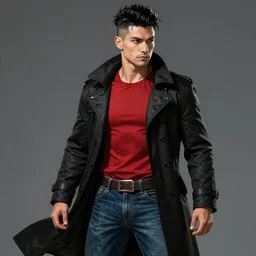 An epic fantasy comic book style portrait painting of a young man with black undercut haircut, wearing red clothes, black overcoat, blue jeans.  Unreal 5, DAZ, hyperrealistic, octane render, cosplay, RPG portrait, dynamic lighting