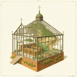 greenhouse, side view, cutaway, intricate map diagram, section, insanely detailed, victorian style, hieronymus bosch, 8 k
