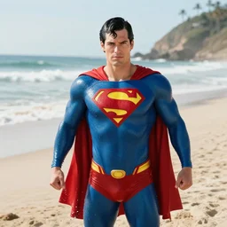 superman taking a bath at the beach, realistic