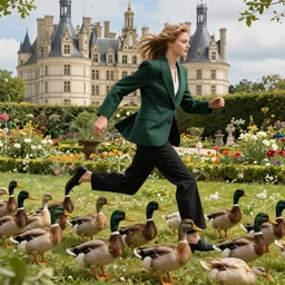 tall polish girl with a dark green blazer and black trousers running among a flock of scared ducks in a garden in a french castle. extremely detailed, intricate, digital art, vibrant colors, beautiful atmosphere, by oscar gregeborn and maxwell boas