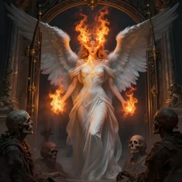 a beautiful face angelic woman with flames in her eyes standing at the entrance gate of hell and spitting fire balls, lost souls in front of her, fantasy art, art by greg rutkowski and artgerm, amazing detail, hd, illustration, epic, intricate, elegant, artstation, concept art, smooth, sharp focus, cinematic