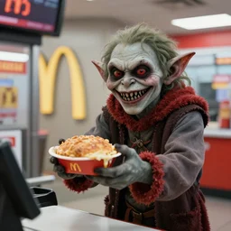 creepy goblin handing out food at the mcdonald's drive through, photograph