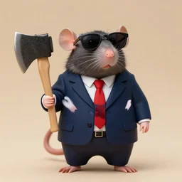 photograph of rat wearing navy suit red tie sunglasses holding ax