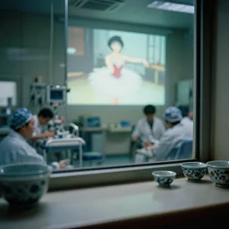 fuji 5 0 r, 3 5 mm, hyperrealism ; closeup film still of busy medical bay interior with table side window lookout view like ; in the background projection of beautiful film still from ronin movie of seinen manga ballerina scene in style of 1 9 9 0 frontier in closeup porcelain 3 5 mm photography magazine architectural studio edition, highly detailed, cinematic lighting, 8 k