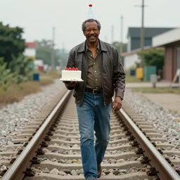 portrait photo still of stevie wonder holding a small cake, wearing a birthday hat, walking on traintracks, 8 k, 8 5 mm f 1. 8