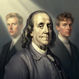 illustrated portrait of benjamin franklin, colorful, mads berg, karolis strautniekas, christopher balaskas, stippled light, low fog, moody, fine texture, dramatic lighting, dynamic composition, detailed, matte print, muted color, ( ( victo ngai ) ), wide angle, ( ( sunbeams ) ), modern art deco
