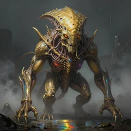 ultra realist soft painting of a single lovecraftian gigantic creature, very intricate details, deep fog, golden ratio, volumetric rainbow lighting, reflections, refractions, symmetry accurate anatomy features, omnious background, unreal render