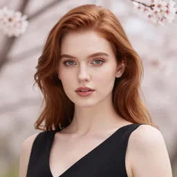 ultra detail, beautiful young woman, professionally retouched, auburn hair, black dress, high fashion, soft and elegant, cherry blossoms, focus on eyes, f 1. 8
