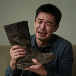 a man crying with a boot in his hand
