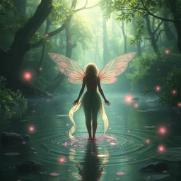 forest nymph rising from the water. fantasy rpg concept art. pink pixie dust, enchanted fireflies, starlight, and enchanted dreams. view from behind, wide angle view, back view