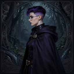side portrait dark witch with eyeglasses, adventurer outfit large cloak, fantasy forest landscape, dragon scales, fantasy magic, undercut hairstyle, short purple black fade hair, dark light night, intricate, elegant, sharp focus, illustration, highly detailed, digital painting, concept art, matte, art by WLOP and Artgerm and Greg Rutkowski and Alphonse Mucha, masterpiece