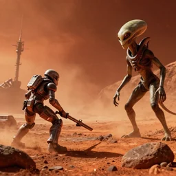 A war between aliens and humans happening on mars, Cinematic, Vignette, Volumetric Lighting, Ambient occlusion, 8k, 4k, Unreal engine, high detail, 3D digital art