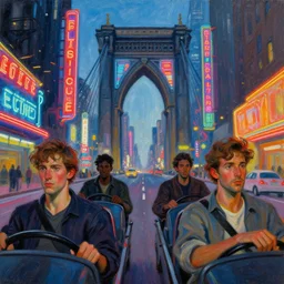 four guys drove one into the gateway of the new york of the future, neon signs,, painting by greg rutkowski, j. c. leyendecker, artgerm