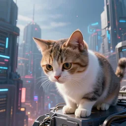 cute cat looking down on huge cyberpunk style city, high detail, fantasy art, concept art, 4 k, ultra detail, computer art