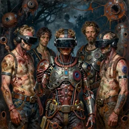 junky men, cybertronic gadgets and vr helmet, flesh + technology, durty colours, night, rotten textures, rusty shapes, biotechnology, norman rockwell, tim hildebrandt, wayne barlow, bruce pennington, larry elmore, oil on canvas, deep depth field, masterpiece, cinematic composition, hyper - detailed, hd, hdr