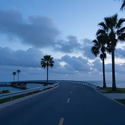 blue hour, mostly cloudy sky, palm trees, bridge, curved bridge, dusk, oceanfront bridge, 2 4 0 p footage, 2 0 0 6 youtube video, 2 0 0 6 photograph, grainy low quality photograph, home video