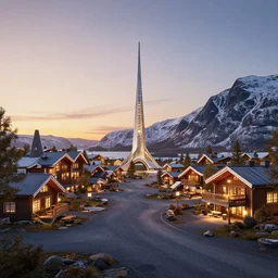 nordic village resort, sunset lighting, hyperrealism, futurism 4 k, octane render