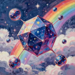 vaporwave, beeple, surreal vfx, global illumination, a painting by ralph mcquarrie of floating molecules and icosahedron with stars, clouds, and rainbows in the background, trending on artstation, masterpiece, incredible details