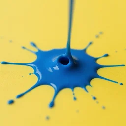 blue liquid splatters on a yellow surface, close up, 33mm, 4k