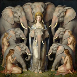 the goddess of itty bitty elephants surrounded by a court of nymphs, by tom bagshaw peter kemp, beautiful highly symmetric faces