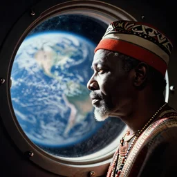 colour analogue photo of an African tribal chief looking out the porthole window of a spaceship, planet earth in porthole reflection, close-up, photo shot by martha cooper, 35mm,