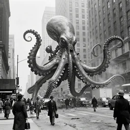 old black and white photo, 1 9 1 3, depicting a giant alien dieselpunk octopus rampaging through the bustling streets of new york city, historical record