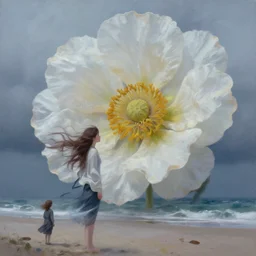 closeup, giant flower head, a girl on the beach, surreal photography, wind and cold, dramatic sky, impressionist painting, digital painting, artstation, simon stalenhag