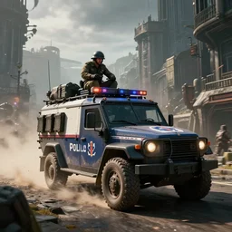 a militarized police vehicle riding through an orwellian town, action scene, an epic fantasy, dramatic lighting, cinematic, establishing shot, extremely high detail, photorealistic, cinematic lighting, artstation, octane render, by christopher nolan, horizon forbidden west