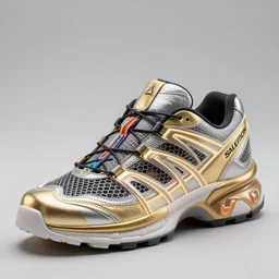 realistic 3 d render of a futuristic sneaker, beautiful studio lighting, soft, sharp focus, neon glowing lines, intricate detail, gold and silver leather, soft white rubber, shiny plastic, black hexagon mesh, black filigree, octane render, side view, close up, trending on artstation, deviantart, nike, reebok, salomon