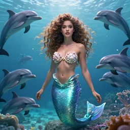 beautiful mermaid with curly hair and dolphins, dreamscape, magical details, seashells for bra, magical atmosphere, cinematic lighting, hyper - detailed, cgsociety, 3 - d 8 k, high resolution, in the style of charlie bowater, tom bagshaw, alexis franklin, elena masci, pawel rebisz