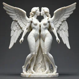 a statue made of white marble with gold veins, of two beautiful gorgeous futuristic cybernetic angel girls kissing each other, prostheses, transhumanism, full body shot, perfect symmetrical body, perfect symmetrical face, hyper realistic, hyper detailed, by johannen voss, by peter kemp, by monia merlo, by michelangelo, octane render, blender, 8 k