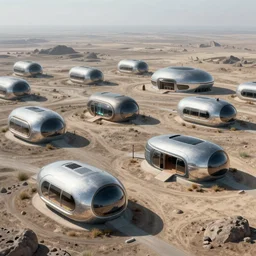 futuristic landing pods houses area in an alien flat plain. futuristic Rounded metal houses. Fantastic landscape.  highly detailed, digital painting, artstation, concept art, smooth, sharp focus, illustration, art by Tyler Edlin