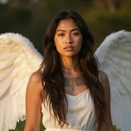 portrait of beautiful young angelic Maori female model, with facial tattoo, golden hour lighting William Adolphe Bouguereau, C F Goldie, Gottfried Lindauer