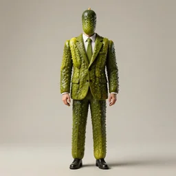 a tall man in a suit, the man is made out of pickles, surreal, highly detailed