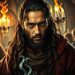 avan jogia as a d & d fire mage in a fantasy tavern, closeup portrait, by donato giancola, symmetry!!
