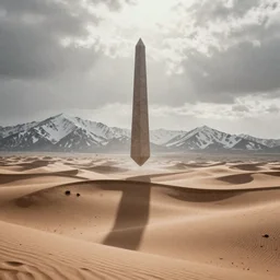 a artic desert with snow capped mountains and a floating obelisk. overcast sky, grainy, snowing.