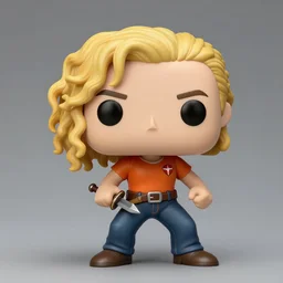 a funko pop of annabeth chase, studio lighting, highly detailed, curly blonde hair in a ponytail, orange camp half blood shirt, dagger, jeans, defensive stance