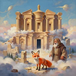 illusion painting hidden temple in the clouds : an adorable small fox in the huge ruins of the second temple in jerusalem. a new temple hovers quietly hiding in the dreamy clouds above. a hooded bearded old man in a brown tunic laughing, colorful 8 k, art station, intricate superb details, digital art, illusion painting hidden image.