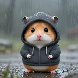A humanoid sad hamster wearing a hoodie in the rain, digital art