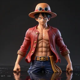 ultra realistic studio shot of luffy, cinematic, wet reflections, liflike, unreal engine 5, octane, smooth, rtx, ray tracing, hyper detailed, hyper realism, fantasy, trending on artstation, behance, deviantart