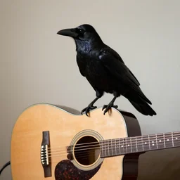 photos of a crow sitting on a guitar