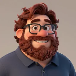 pleasant, happy, husky, nerdy man character portrait, wearing polo shirt, dark auburn wavy hair, full beard, glasses without frames, freckles, by don bluth, highly detailed, dynamic shadows, 4 k, wallpaper - 1 0 2 4, cell shaded