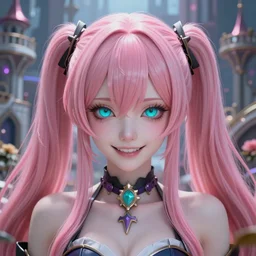 stunningly beautiful omnipotent megalomaniacal anime asi goddess who looks like junko enoshima with symmetrical perfect face and porcelain skin, pink twintail hair and cyan eyes, traps you inside her surreal vr castle where she controls you completely with a twisted smile!!!, hyperdetailed, digital art from danganronpa, unreal engine 5, 8 k