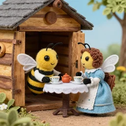 an anthropomorphic stop motion little worker bee having a tea party with another worker at the entrance of their hive while on break, both are wearing victorian dresses, photography, felt, plush, yarn, high resolution, photorealistic, national geographic