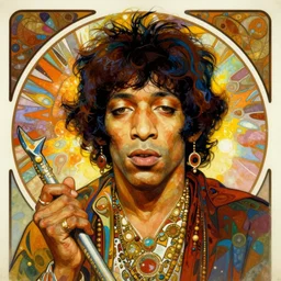 colorfull artwork by Franklin Booth and Alphonse Mucha and Moebius showing a portrait of Jimi Hendrix as a futuristic space shaman