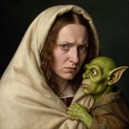 closeup of a woman wrapped in a blanket, annoyed by a green - horned goblin, annoyed expression, by jan van eyck,