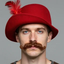 Clean Shaven Caucasian European Man with blue eyes and brown curly mustache wearing a red musketeer hat with a single feather on it. D&D Character Head and Shoulders Portrait. He is wearing a RED musketeer hat with a single feather on it. EPIC RPG Digital Artwork. 4K. Detailed Drawing. Trending on Artstation.