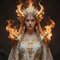 portrait of beautiful woman | full medium shot | front close - up | head on | dressed in long rags with fire, mystical godess, ethereal, biblically accurate goddess, fractal, ornaments of white gold in your clothes, evil, artistically realistic, octane render, devianart, fine art, intrincate. by peter mohrbacher, marc simonetti and anna podedwor