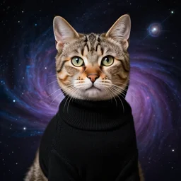 a portrait of a cat in a black turtleneck pullover explaining physics in cosmos, photography, highly detailed