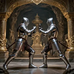 two knights fight in big cave, movie action scene, 8 k, lumen reflections, sharpened, insanely detailed and intricate, elegant, ornate